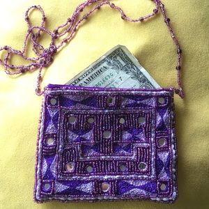 Purple Beaded String Pouch